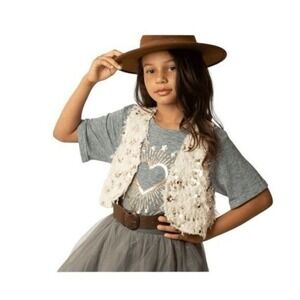 Joyfolie Girls Meike Vest Cream Satin Feather‎ Sequin Open Front Cropped L